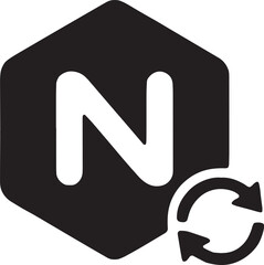 A hexagonal nut shape emblazoned with a bold letter N and recycle arrows, symbolizing the Node.js JavaScript runtime environment and event loop, black bold lines