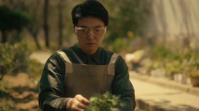 Gardener tending to plants in a sunlit greenhouse, focused and diligent in nurturing greenery