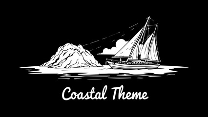 Coastal Theme Illustration Featuring a Traditional Sailing Boat and Rocky Island in White Ink Style © Vectors Studio