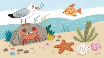Obraz premium Seagull standing on rock with crab and fish in ocean scene