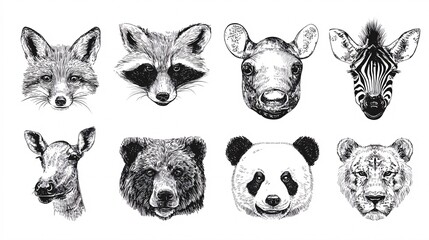 Obraz premium Black and White Sketches of Various Wild Animal Heads on White Background
