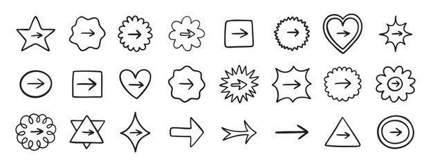 Fototapeta premium Cute arrow in frame set for bullet journal doodle hand drawn icon set. Diary note arrow elements in the shape of flower, star, heart, circle.