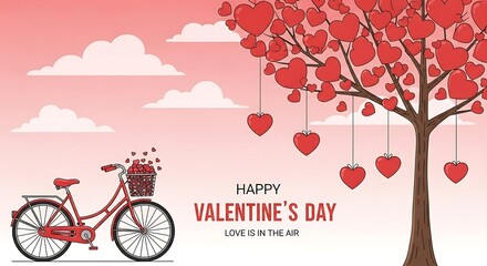 A charming bicycle adorned with red hearts under a blossoming tree