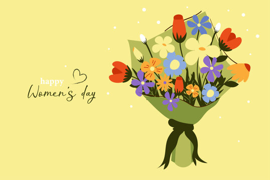 A postcard, poster, banner, or flyer with a Women's Day greeting. A simple spring bouquet design. Bright colors, congratulatory text