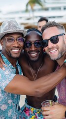 Fototapeta premium Cheerful group of young adult males enjoying beach day with friends