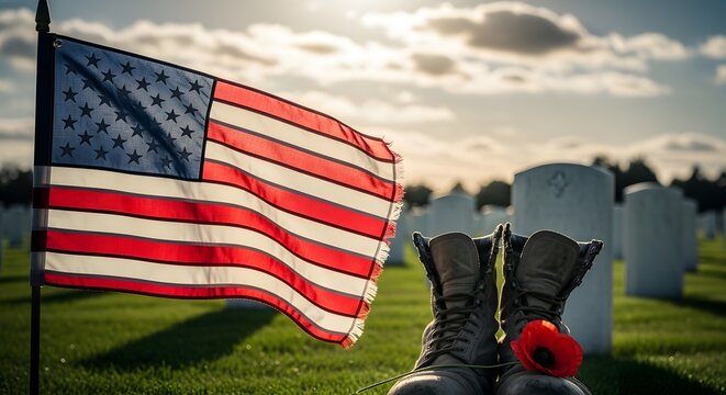 Memorial day tribute honoring fallen heroes with american flag and boots