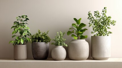 Fototapeta premium Modern Pots with Green Plants Displayed Against a Clean, Neutral Background for Stylish Home Decor Inspiration