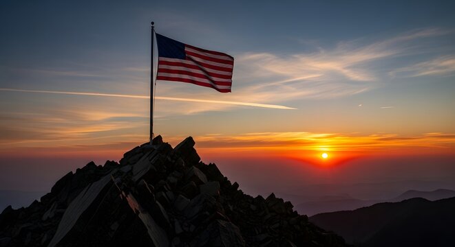 Memorial day tribute american flag at sunset on a mountain peak