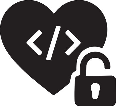 A heart shape containing code brackets and an unlocked padlock, representing open source software, community collaboration, and shared knowledge, bold vector style