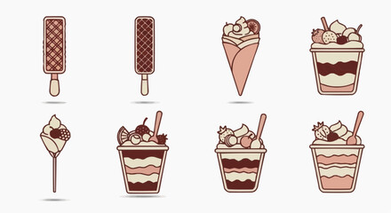 A charming vector illustration collection of various sweet desserts, including delicious layered parfaits, crispy crepes, and delightful ice cream bars, all in a modern flat design style