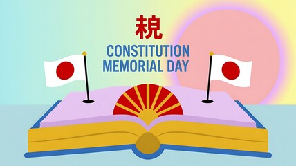 Constitution Memorial Day in Japan with flags and an open book.