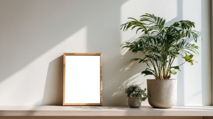 Bright Interior Scene Featuring a Potted Plant and a Framed Picture on a White Wall with Natural Light Streaming Through a Window