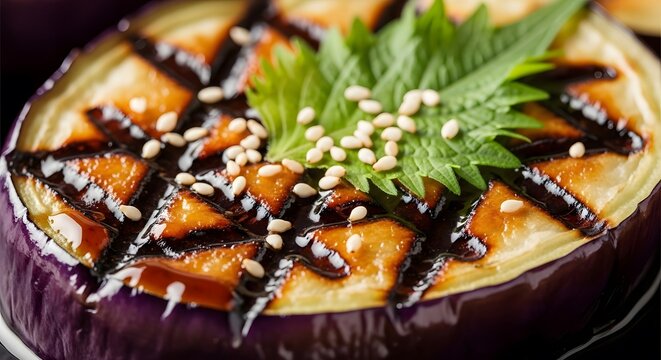 Close-up of Japanese Nasu Dengaku: Grilled Eggplant with Miso Glaze, Shiso Leaf, and Sesame Seeds