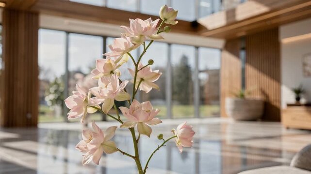 Medium shot focusing on delicate flower blooms inside the atrium with blurred natural light and wood accents enhancing the tranquil space