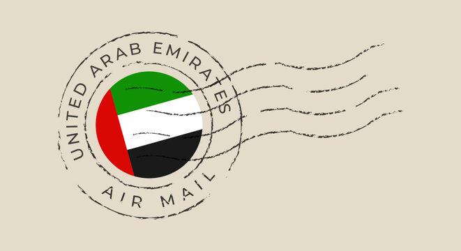 United Arab Emirates postage stamp featuring the national flag in a circular air mail postmark with a distressed grunge texture.