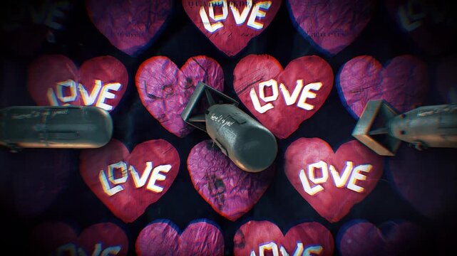 A looping background of stop motion style grungy paper love hearts with multiple spinning atom bombs.