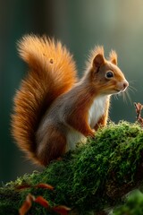 Obraz premium Red squirrel perched on moss-covered oak branch in sunlight showing texture and detail in a natural woodland setting