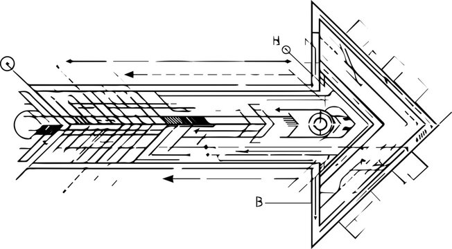Abstract futuristic arrow technical diagram with complex lines, symbols, and data visualization elements on transparent background