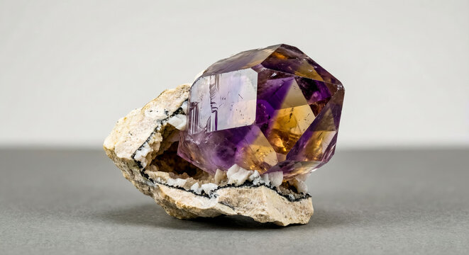 Sectoral ametrine crystal showing distinct purple amethyst and yellow citrine zones within a single transparent prism.