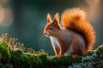 Obraz premium Red squirrel perched on an oak branch in a forest during soft morning light