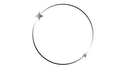 A circular graphic element in grayscale with two faint sparkles, suggesting motion or a loading...