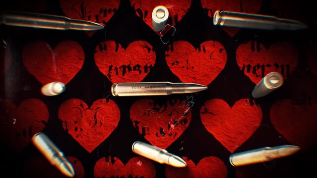 A looping background of stop motion style grungy paper love hearts with multiple spinning bullets.