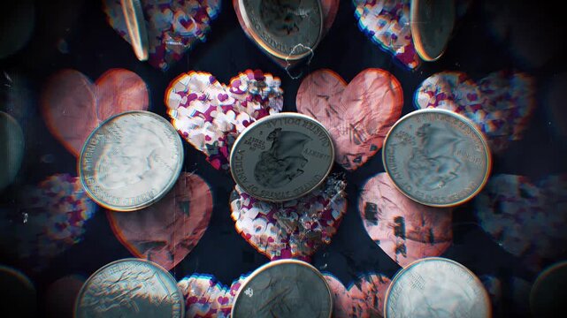 A looping background of stop motion style grungy paper love hearts with multiple spinning projectile weapons.