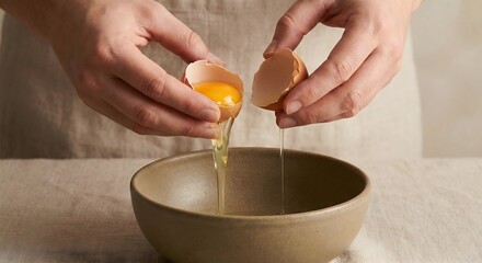 Woman cracking a fresh egg into a bowl in a rustic kitchen