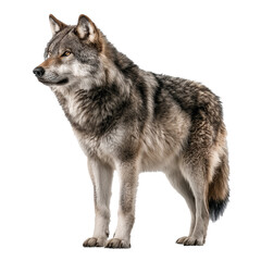Obraz premium North American grey wolf stands isolated in wildlife protection focus on March 3rd for animal preservation
