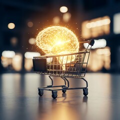 ​A glowing digital brain sits in a shopping cart within a blurred retail store, representing neuromarketing and consumer psychology.