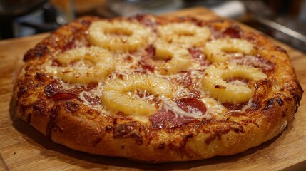 Delicious Hawaiian pizza topped with ham and pineapple on rustic wooden table