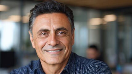 Naklejka premium Confident middle-aged man smiling in modern office environment with blurred background