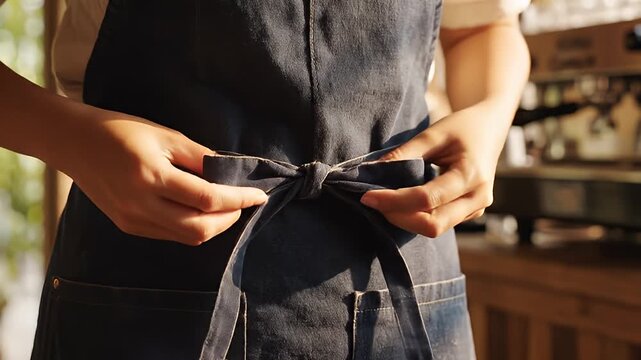Person Tying Apron String in Kitchen Setting.