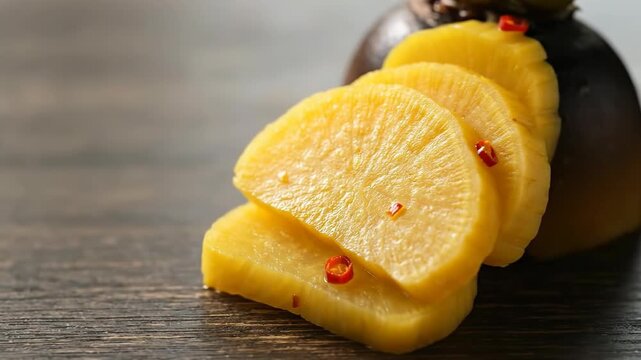 Pickled yellow radish slices with chili flakes on wooden table for easy Japanese food recipes using fresh vegetable ingredients at home