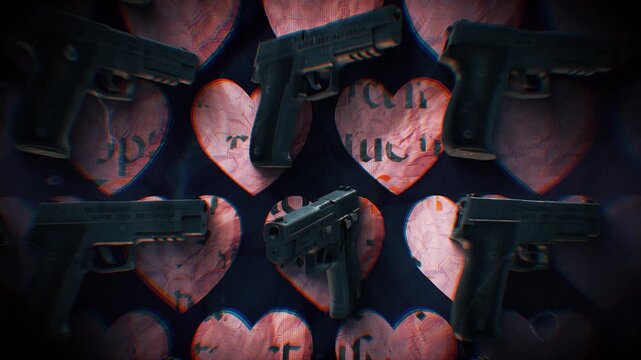 A looping background of stop motion style grungy paper love hearts with multiple spinning hand guns.