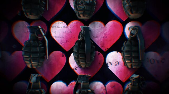 A looping background of stop motion style grungy paper love hearts with multiple spinning hand grenades.