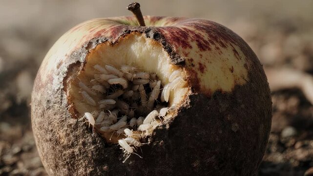 A close-up of a partially eaten apple infested with a colony of small, white creatures