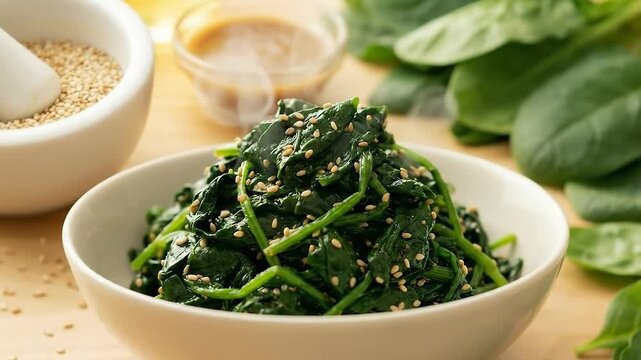 Easy Japanese food recipes at home feature healthy green spinach vegetable goma ae dish topped with sesame seeds for nutritious meal option