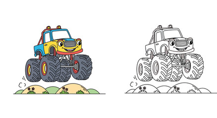 Cute cartoon monster truck jumping over hills. Vector illustration set featuring colorful vehicle and black and white outline for coloring book page. © MstTabassum