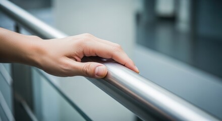 Obraz premium Hand holding a metal railing indoors, modern building interior, safety and support concept