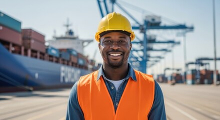 Smiling dockworker in hard hat and vest at shipping port with cargo ship