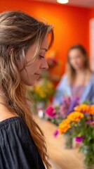 Naklejka premium Young caucasian female enjoying vibrant flowers in florist shop