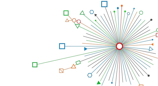Hub and Spoke Network Diagram. Abstract Radial Data Connection, Centralized System Flow, and Complex Distribution Illustration
