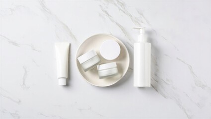 Skincare products including tubes and jars neatly arranged on a marble surface. Beauty and skincare concept.
