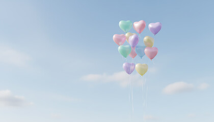 Pastel Heart Balloon Cluster Floating High in a Clear Blue Sky for Joy and Celebration
