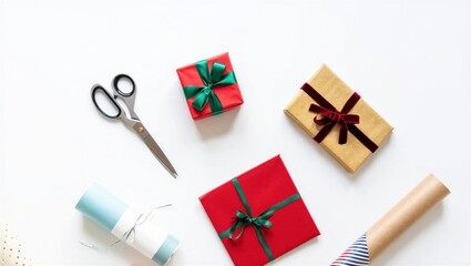 Fototapeta premium Colorful wrapped gifts in red, gold, and blue with decorative bows and scissors on a white background. Holiday gift preparation concept.