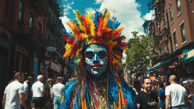 Participant in vibrant and flamboyant carnival costume walking proudly through the streets of Greenwich Village during the annual Pride Parade, celebrating LGBTQ+ identity and diversity. 