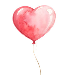 Pink heart balloon floating with ribbon, watercolor illustration, transparent background