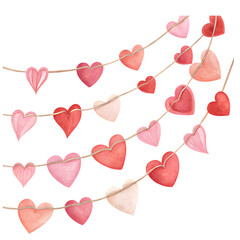 Heart shaped garland, strings of red and pink hearts, watercolor art, festive decoration