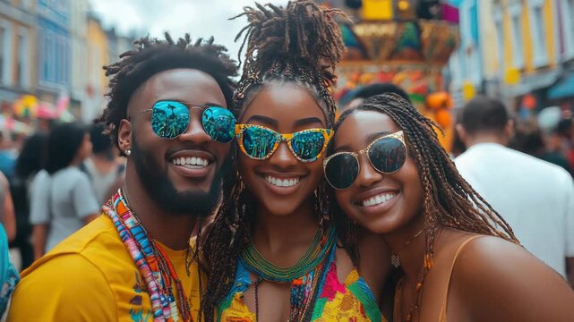 A joyful group of friends posing together in front of a vibrantly decorated float at the Notting Hill Carnival, all dressed in traditional Caribbean-inspired costumes full of color and festive spirit